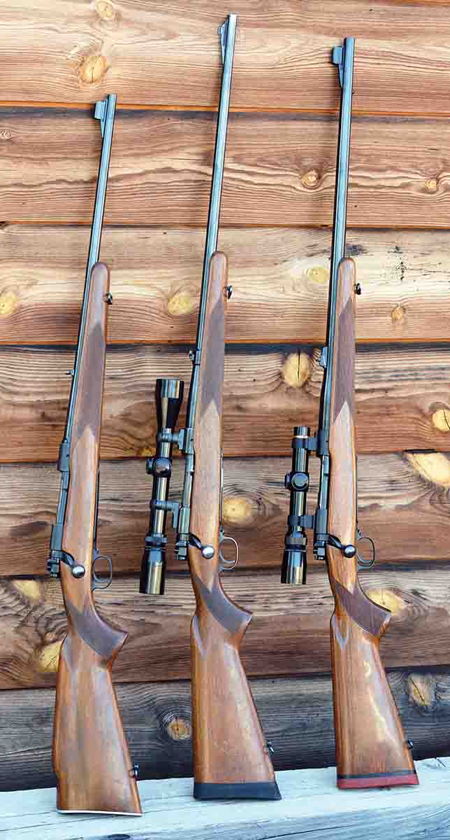 Winchester pre-’64 Model 70 examples include (left to right) a Featherweight .30-06, a standard weight .300 H&H Magnum and a .375 H&H Magnum.